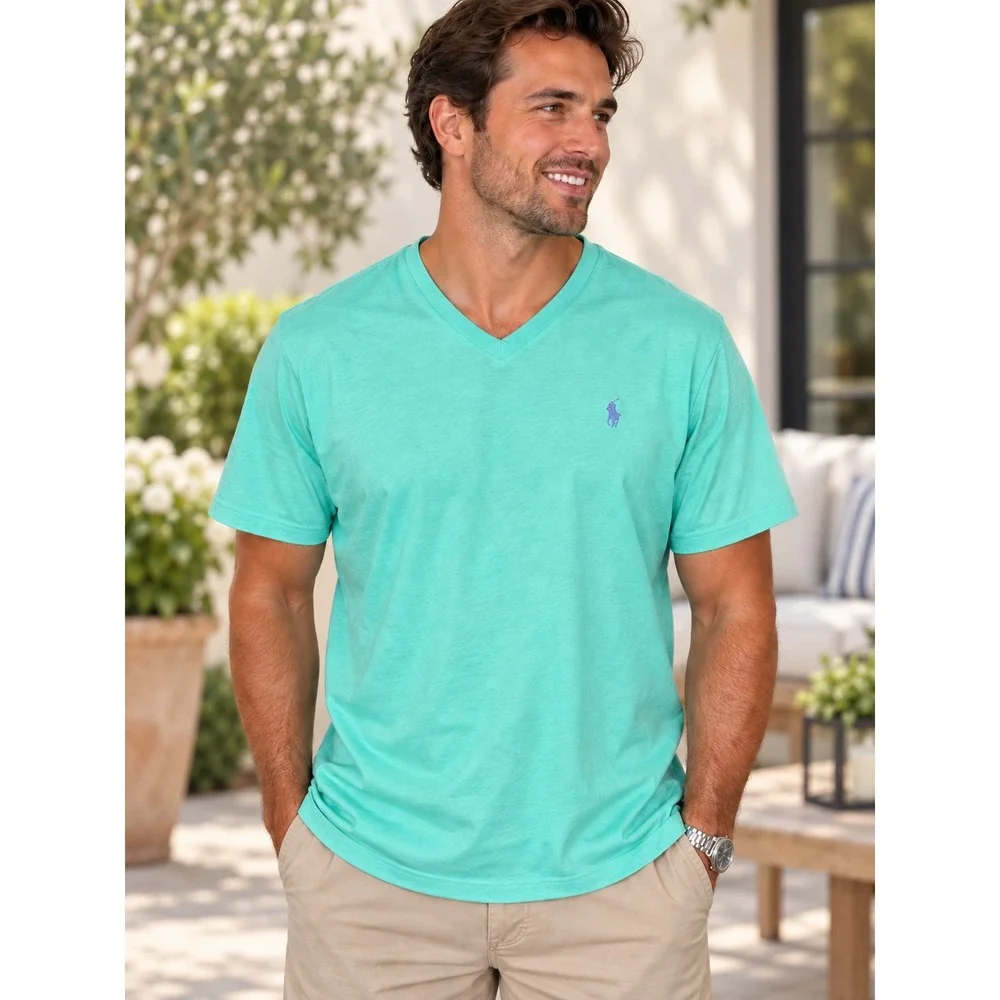 Polo Ralph Lauren Mens Large V-Neck T-Shirt Mint Green Pink Pony Custom Fit Tee